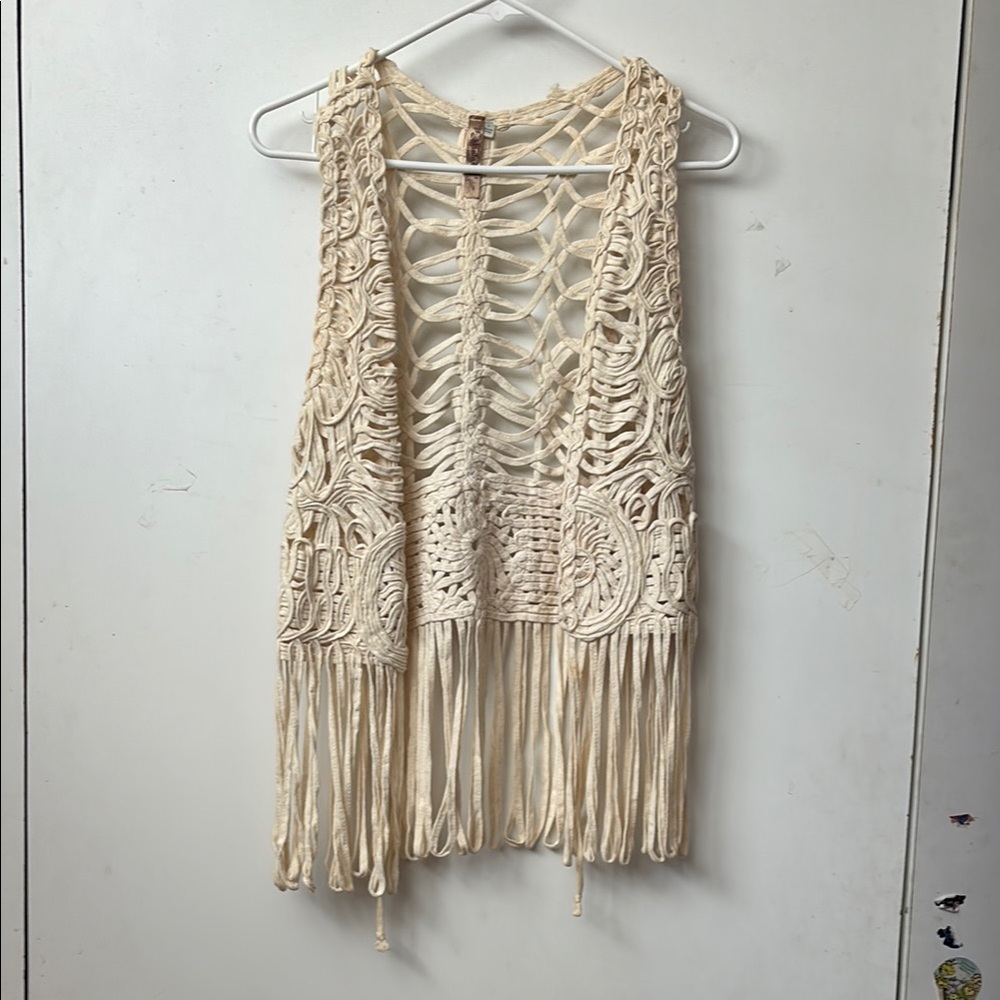 Cream Crochet Fringe Vest